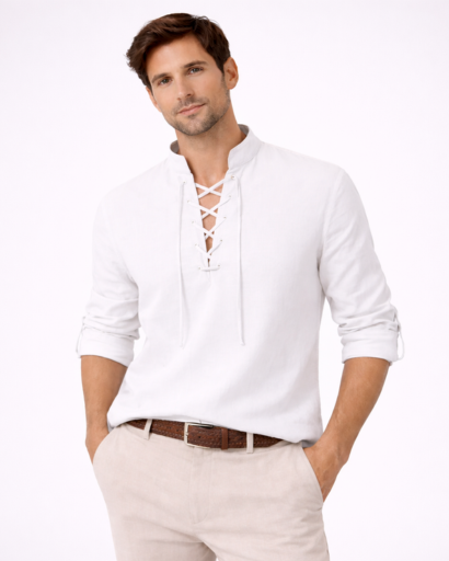 Chemise homme col tunisien à lacets – manches longues retroussables