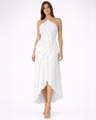 Robe longue plissée asymétrique – décolleté dos nu, volants et ourlet high-low