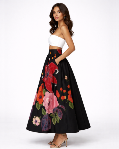 Jupe Longue Évasée Taille Haute Imprimé Floral