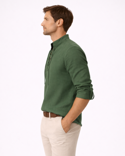 Chemise homme col tunisien à lacets – manches longues retroussables