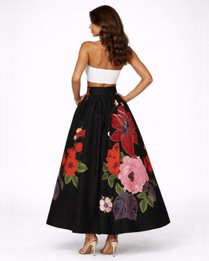 Jupe Longue Évasée Taille Haute Imprimé Floral