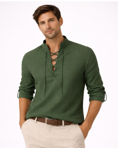 Chemise homme col tunisien à lacets – manches longues retroussables