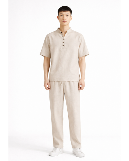 Ensemble homme col fendu à manches courtes et pantalon droit