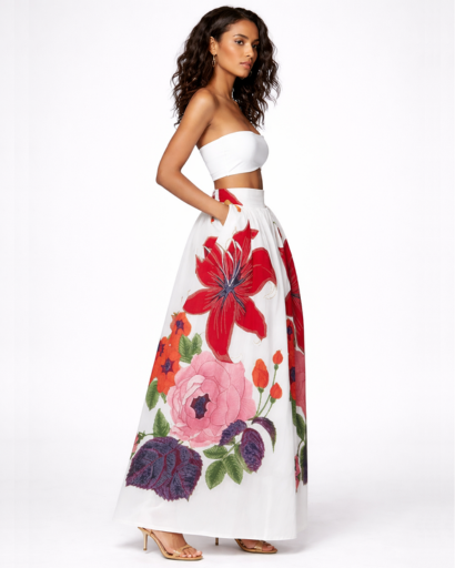 Jupe Longue Évasée Taille Haute Imprimé Floral