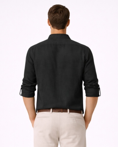 Chemise homme col tunisien à lacets – manches longues retroussables