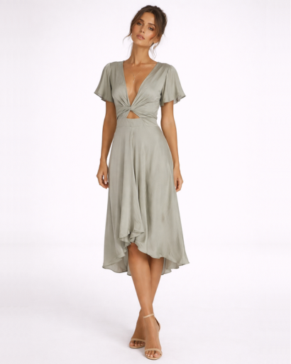 Robe midi femme col V profond et détail noué taille asymétrique