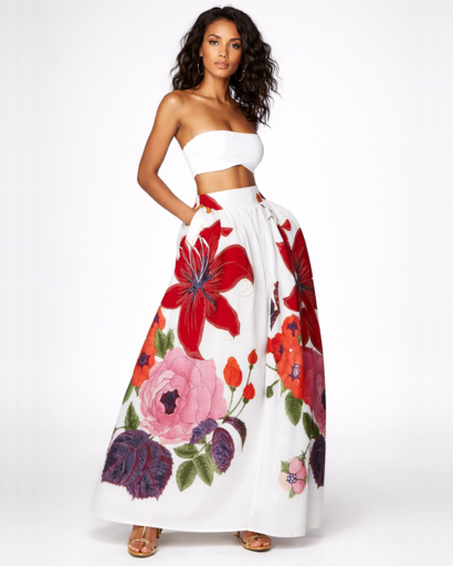 Jupe Longue Évasée Taille Haute Imprimé Floral
