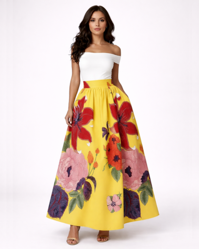 Jupe Longue Évasée Taille Haute Imprimé Floral