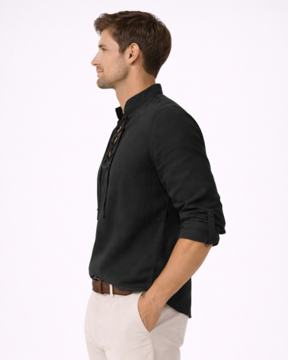 Chemise homme col tunisien à lacets – manches longues retroussables