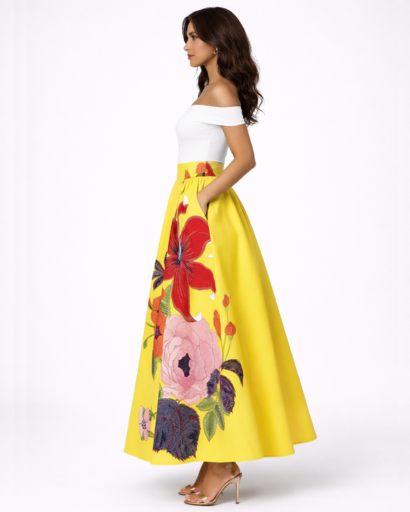 Jupe Longue Évasée Taille Haute Imprimé Floral