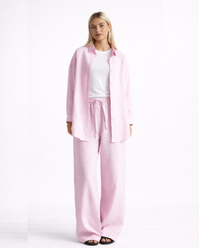 Ensemble en lin brun femme – Chemise oversize & pantalon large  Description