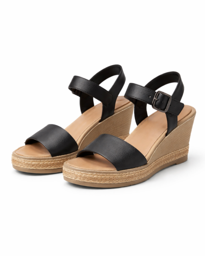 Sandales compensées femme à bride cheville avec boucle et semelle plateforme texturée style espadrille