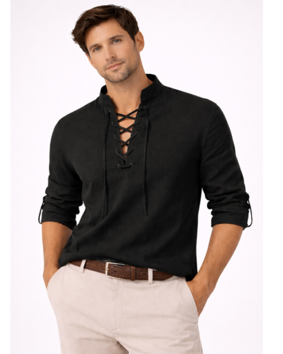 Chemise homme col tunisien à lacets – manches longues retroussables
