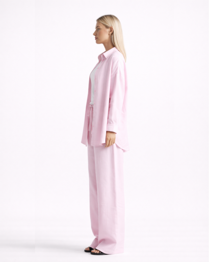 Ensemble en lin brun femme – Chemise oversize & pantalon large  Description