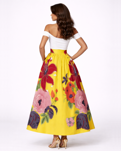 Jupe Longue Évasée Taille Haute Imprimé Floral