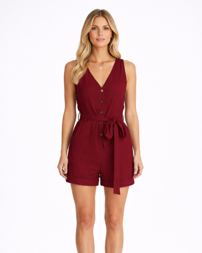 Combinaison short femme ceinturée à boutons col V