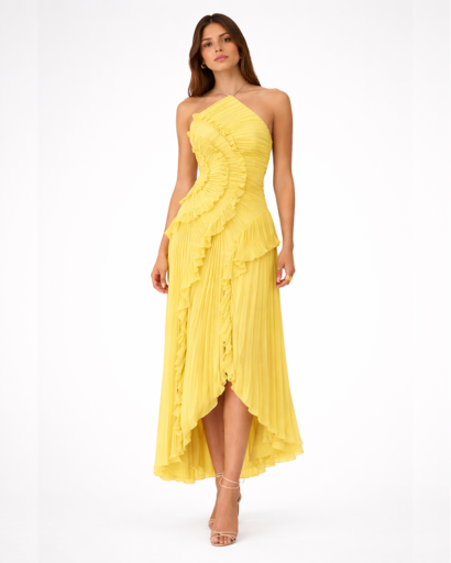 Robe longue plissée asymétrique – décolleté dos nu, volants et ourlet high-low