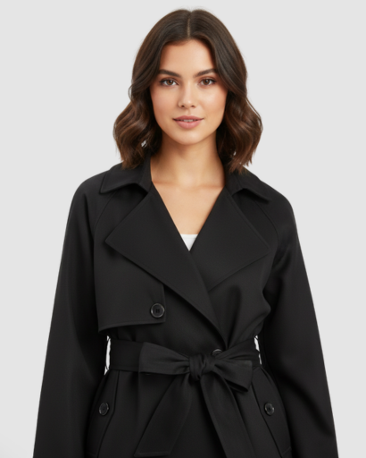 Trench-coat court ceinturé à boutonnage croisé et revers larges