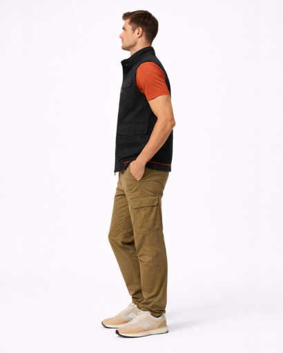 Gilet Homme Sans Manches Multi-Poches Style Utilitaire avec Col Montant et Fermeture Zippée