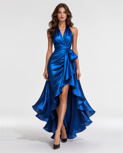 Robe Longue Satinée Dos Nu Drapée à Volants – Soirée & Cérémonie – vue 4