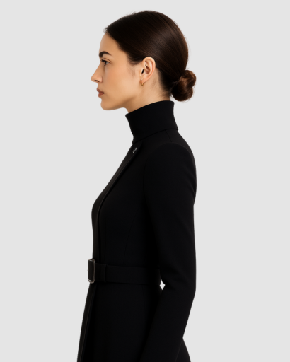 Robe Femme Col Montant Ceinturée Ajustée – Structurée & Chic | Cocktail Invitée Mariage