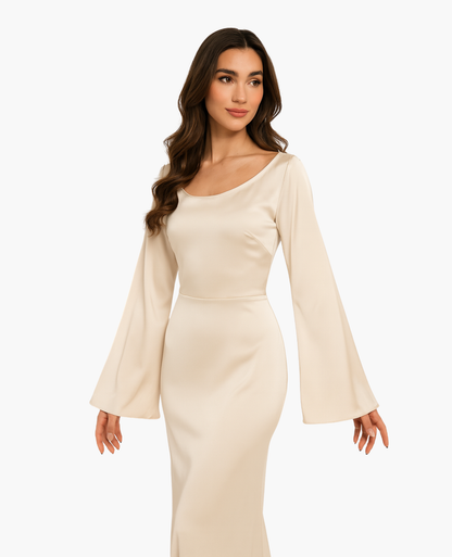 Robe Maxi Femme Satinée Coupe Ajustée – Dos-Nu Élégant | Soirée & Invitée de Mariage