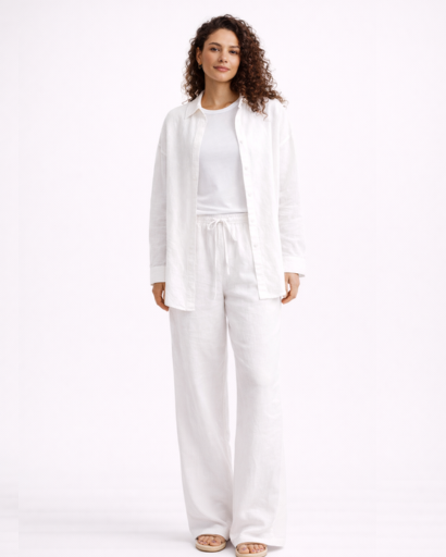Ensemble en lin brun femme – Chemise oversize & pantalon large  Description