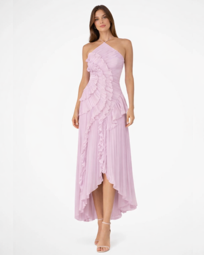 Robe longue plissée asymétrique – décolleté dos nu, volants et ourlet high-low