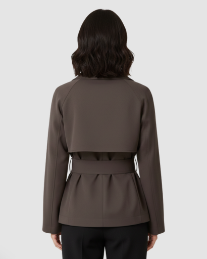 Trench-coat court ceinturé à boutonnage croisé et revers larges