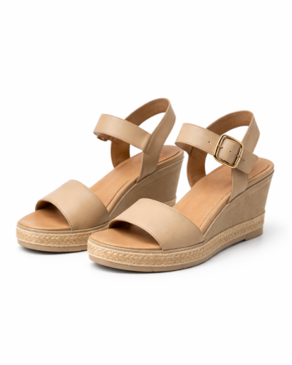 Sandales compensées femme à bride cheville avec boucle et semelle plateforme texturée style espadrille
