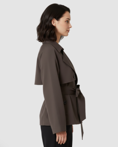 Trench-coat court ceinturé à boutonnage croisé et revers larges