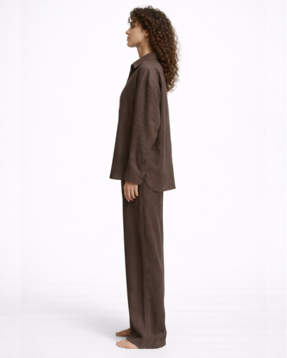 Ensemble en lin brun femme – Chemise oversize & pantalon large  Description