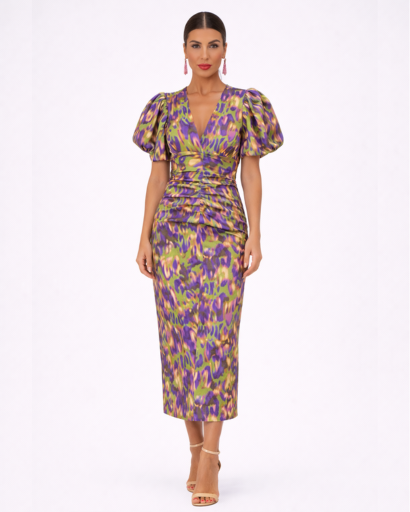 Robe midi imprimée – décolleté V, manches bouffantes et drapé froncé à la taille