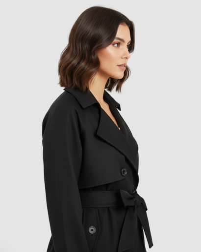 Trench-coat court ceinturé à boutonnage croisé et revers larges