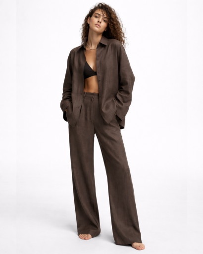 Ensemble en lin brun femme – Chemise oversize & pantalon large  Description