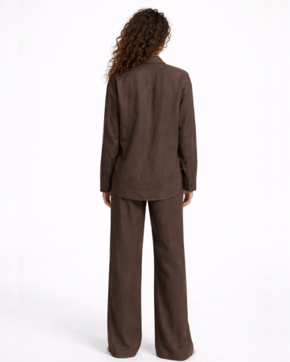 Ensemble en lin brun femme – Chemise oversize & pantalon large  Description