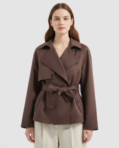 Trench-coat court ceinturé à boutonnage croisé et revers larges