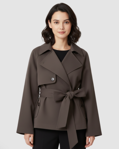 Trench-coat court ceinturé à boutonnage croisé et revers larges