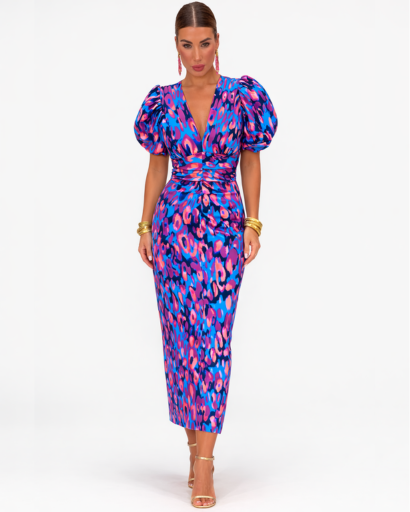 Robe midi imprimée – décolleté V, manches bouffantes et drapé froncé à la taille