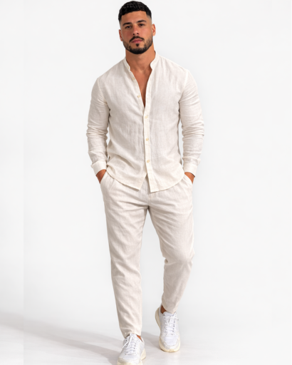 Ensemble homme 2 pièces – chemise col tunisien et pantalon coupe droite