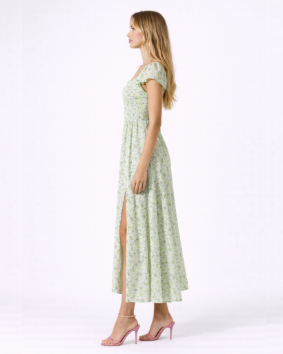 Robe longue femme à manches courtes et fente élégante