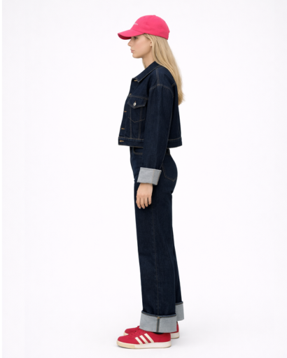 Ensemble femme en jean veste courte et pantalon large