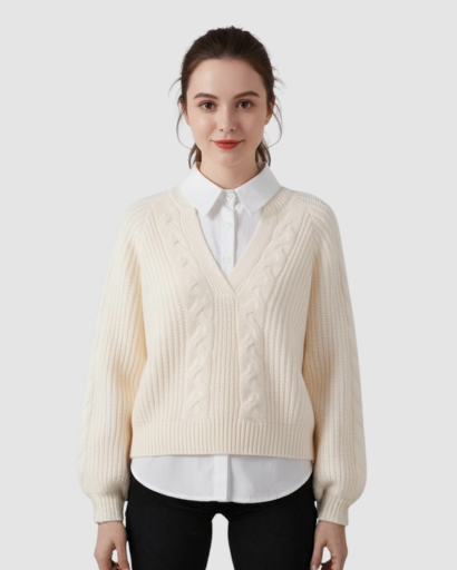 Pull Femme à Col V – Maille Torsadée & Coupe Confort