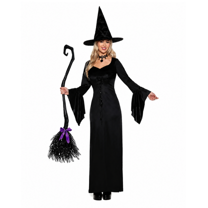 Costume de sorcière femme robe noire à lacets avec chapeau pointu, détail