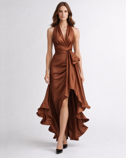 Robe Longue Satinée Dos Nu Drapée à Volants – Soirée & Cérémonie – vue 6