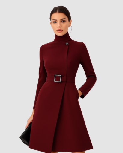 Robe Femme Col Montant Ceinturée Ajustée – Structurée & Chic | Cocktail Invitée Mariage
