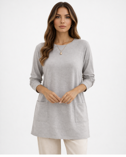 Tunique longue femme coupe droite manches longues avec poches plaquées