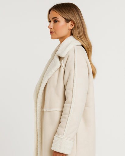 Manteau Femme Long Effet Peau Lainée – Col Large & Finitions Douces