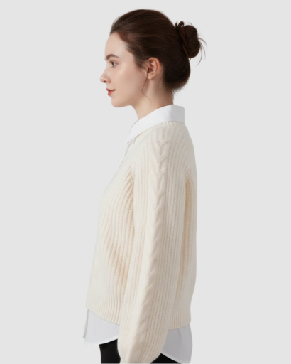 Pull Femme à Col V – Maille Torsadée & Coupe Confort