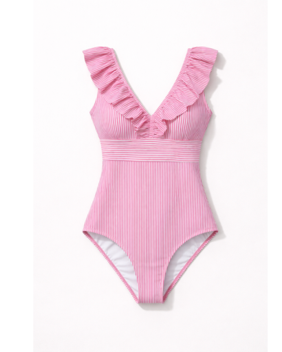 Maillot de bain une pièce femme à rayures avec volants et décolleté en V coupe structurée